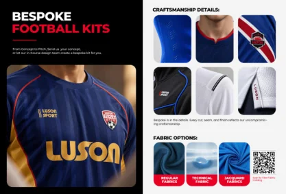 Football kits, socks and equipment trays on a teamwear sample table